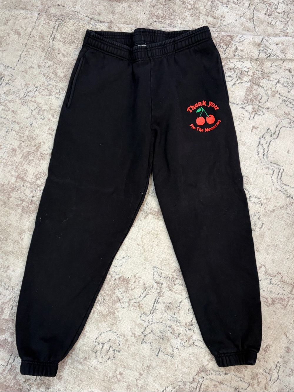 White Fox Boutique Black Sweatpants with Red Cherry Graphic